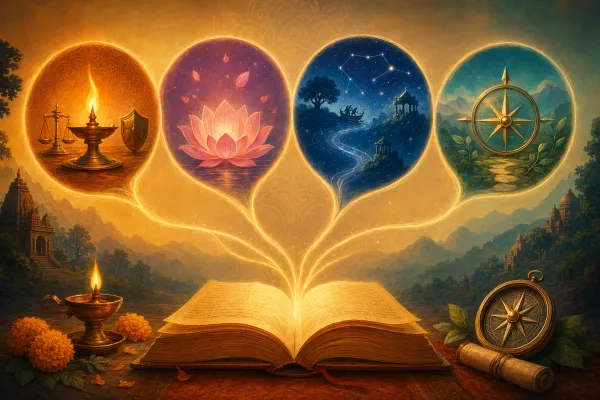 Open Purana manuscript sending out paths of a dharma lamp, bhakti lotus, story constellation, and life compass.