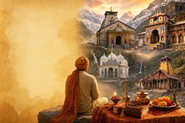 Char Dham beginner illustration with four sacred temple landscapes, a pilgrim path, mountains, sea, and Indian devotional symbols.
