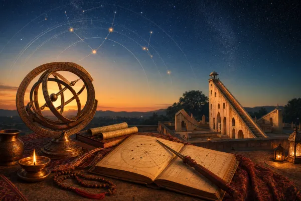 Editorial illustration for What Is Indian Astronomy? Meaning, History, and Why It Matters: a concrete article-specific Indian cultural editorial scene for What Is Indian Astronomy? M...