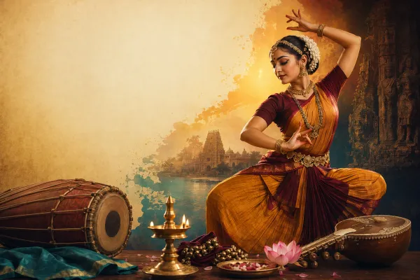 Indian classical dancer performing with temple-inspired setting, musicians, lamps, and traditional costume.