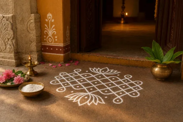 Editorial illustration for What Is Kolam? Meaning, Art Form, and Why It Matters: a concrete article-specific Indian cultural editorial scene for What Is Kolam? Meaning, Art Form, and...