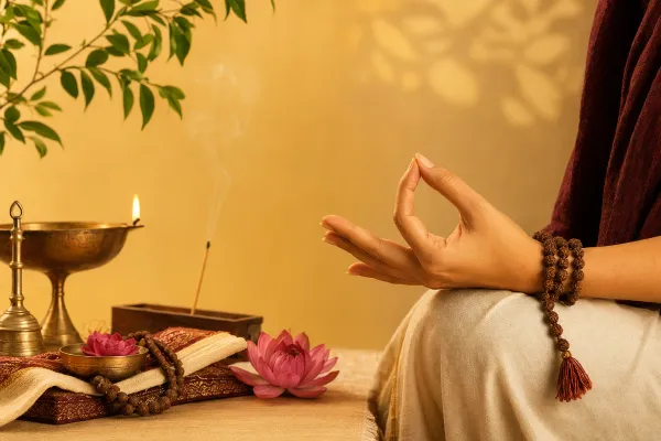 Hands forming a simple mudra near a diya, lotus, and Indian cultural learning objects in a warm devotional setting.