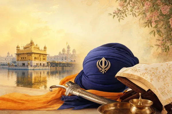 Editorial illustration for What Is Sikhism? Simple Meaning and Beginner Guide: Sikh cultural symbols and article-specific scene presented respectfully for a Bhaktilipi beginner guide.