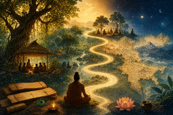 Symbolic Upanishads illustration with layered timeline river flowing through forest hermitages, ancient learning spaces, stars, and map-like terrain fragments with no labels.
