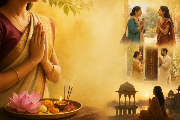Small groups exchanging Namaste respectfully in an Indian cultural setting with warm lamps and lotus decor.