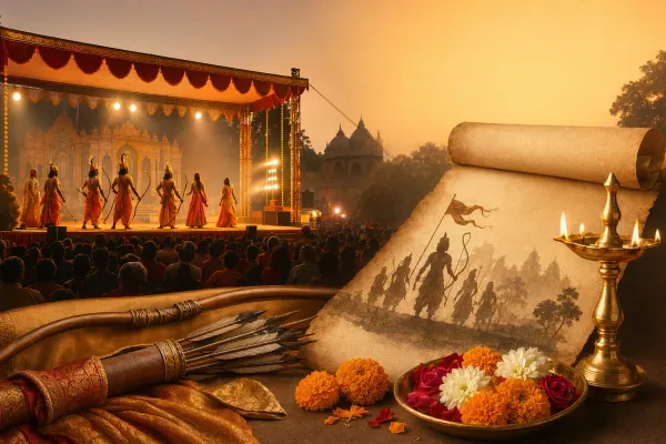 Ramlila festival timing scene with community stage, audience, lamps, calendar motif, and Dussehra atmosphere.