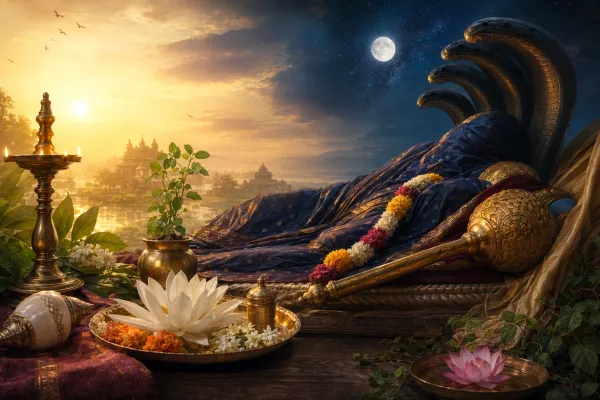 Vishnu sleeping and waking illustration with Shesha, cosmic ocean, day-night symbolism, calendar, and Ekadashi devotion.