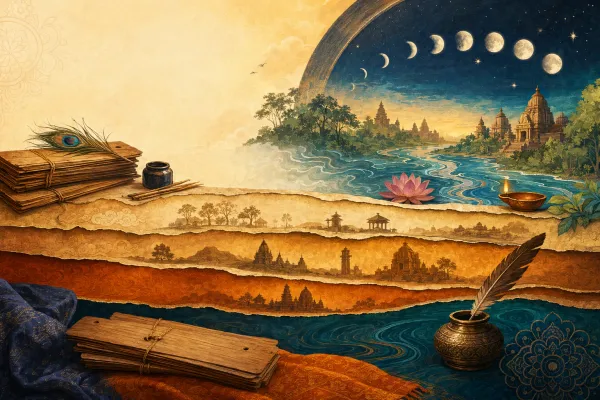 Layered parchment timeline with manuscripts, ink pots, river motifs, stars, and moon phases for the historical development of the Puranas.