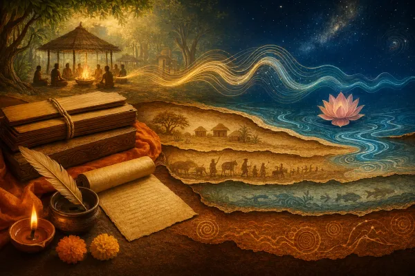 Layered parchment timeline with manuscripts, river motifs, stars, and oral sound waves representing Vedic period and origin.