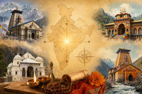 Char Dham location map illustration with north, west, east, and south markers for Badrinath, Dwarka, Puri, and Rameswaram.
