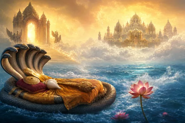 Vishnu reclining on Shesha in the cosmic ocean with Vaikuntha-inspired devotional and temple symbolism.
