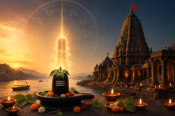 Respectful Shiva temple and Jyotirlinga pilgrimage illustration for Which Jyotirlinga Is for Which Rashi? A Simple Guide to Popular Beliefs.