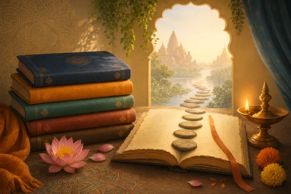 Beginner reading nook with colored Purana manuscripts, a lamp, bookmark, lotus, and stepping stones leading into the pages.