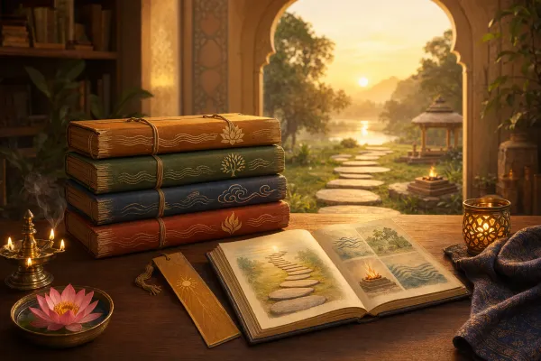 Beginner study desk with four colored manuscript bundles, stepping stones, lamp, bookmark, lotus, and library arch.