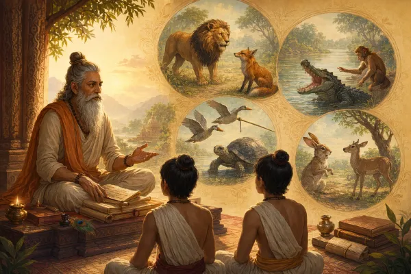 Who Wrote Panchatantra? Vishnu Sharma and the Story Behind It illustration with Panchatantra-style animals, books, Indian storytelling mood, and warm educational setting.