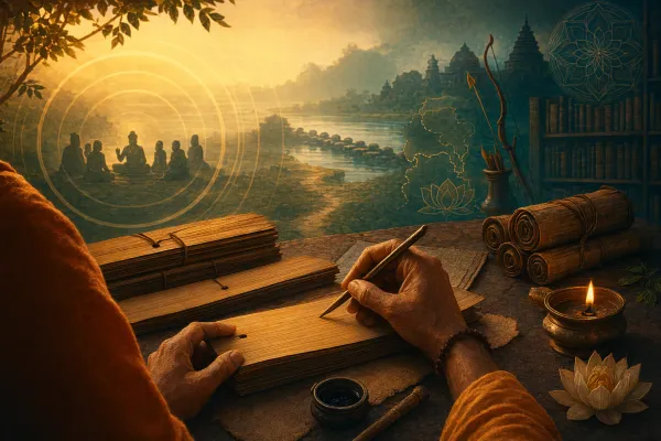 Ancient manuscript desk with palm leaves, stylus, forest hermitage silhouette, river, and oral-tradition sound waves, symbolizing Valmiki and the Ramayana tradition.