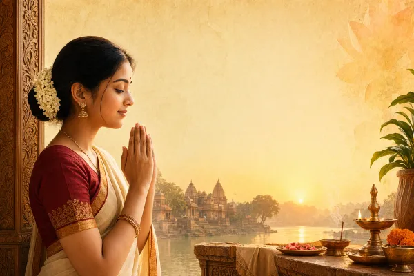 A woman with folded hands in a Namaste gesture near a diya and Indian riverside temple scenery.