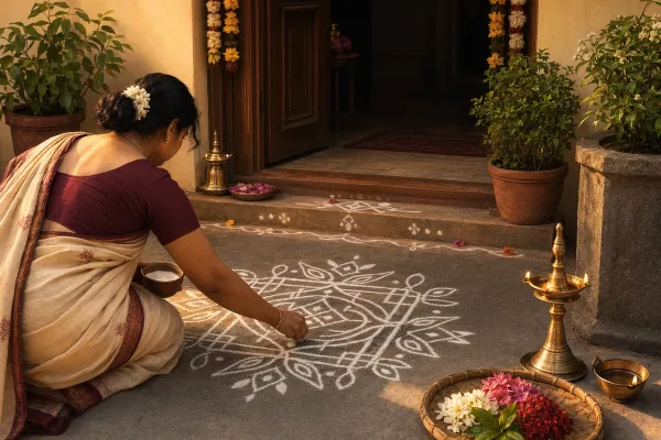 Editorial illustration for Why Do People Draw Kolam Outside Homes?: a concrete article-specific Indian cultural editorial scene for Why Do People Draw Kolam Outside Homes?, rooted in...