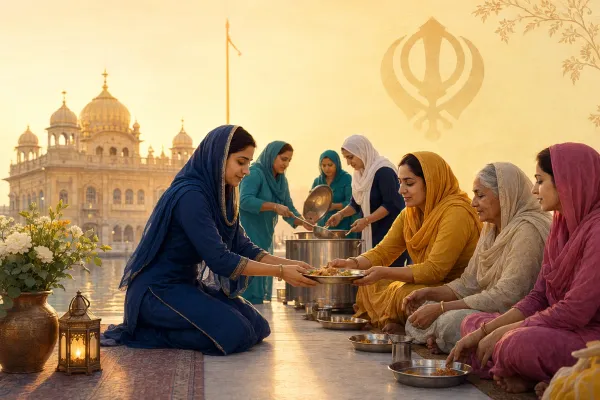 Editorial illustration for Women, Equality, and Seva in Sikhism: A Simple Guide: Sikh cultural symbols and article-specific scene presented respectfully for a Bhaktilipi beginner guide.