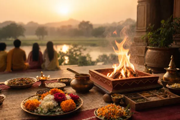 Yajna fire altar with offerings, lamps, ritual vessels, and a calm sacred setting.