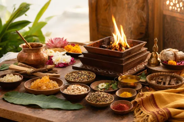 Yajna samagri arranged near a sacred fire, including offerings, vessels, flowers, grains, and ritual items.