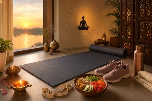 Yoga mat, walking shoes, balanced food, measuring tape, and warm Indian home details for a realistic yoga and weight management guide.