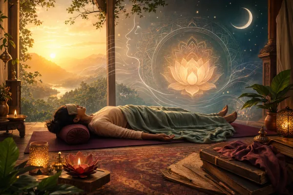 Symbolic yoga illustration showing peaceful reclined rest space, moonlit lamp, soft blanket, dreamlike lotus mandala, and gentle sleep-breath waves.
