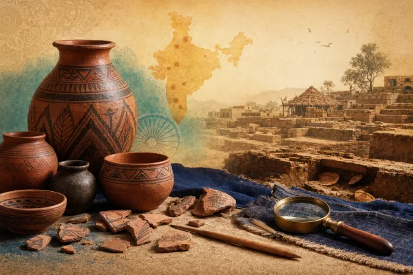 Ancient clay vessels and pottery sherds near an excavation scene, suggesting archaeology, storage, craft and historical evidence.