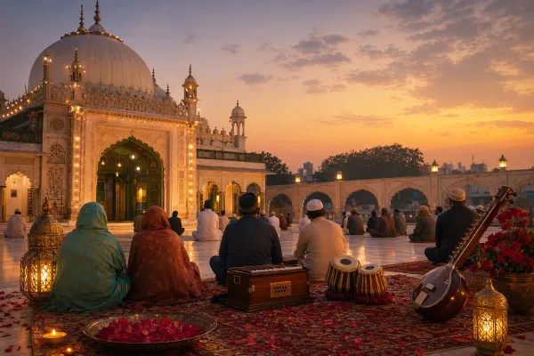 Symbolic dargah courtyard scene with prayer mats, lamps and qawwali motifs for a nuanced guide to Indian Muslims and Sufism.