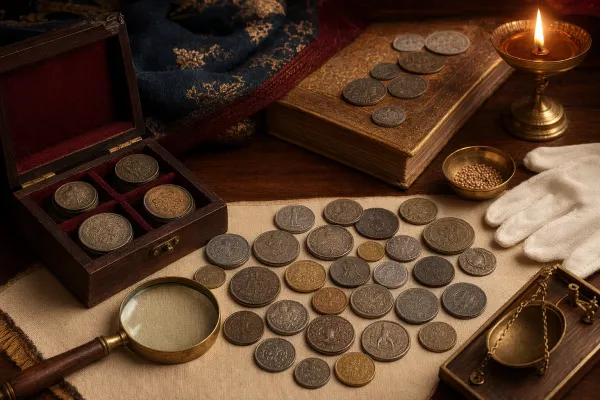 Editorial illustration of old Indian coins with magnifier, scale, notebook and safe valuation notes.