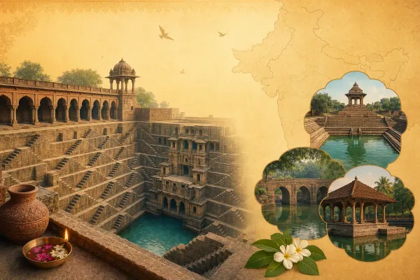 AI editorial illustration of an Indian stepwell with comparison-style inset water structures and map-like heritage elements.