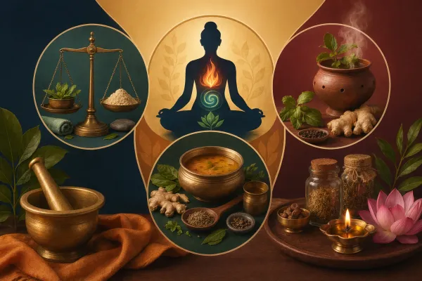 Ayurveda body-balance illustration with herbs, warm and cool elements, food, and calm wellness symbols for digestion, weight, and body heat.