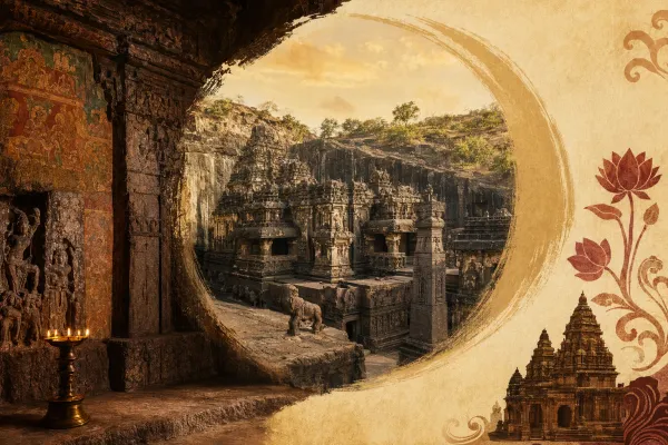 Monolithic rock-cut temple courtyard inspired by Kailasa Temple at Ellora, with carved stone architecture and cave-temple scale.