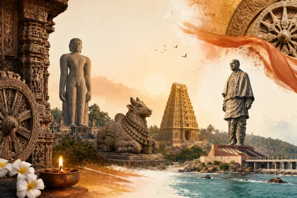 Large Indian statues and monumental sculpture illustration with temple-scale forms and public heritage setting.