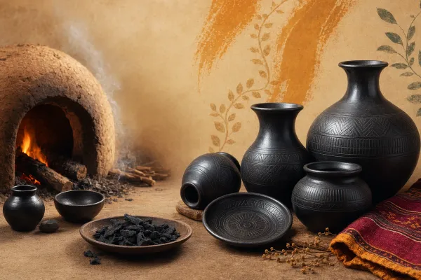 Black Indian pottery vessels with smoky firing, engraved patterns and a kiln-like craft setting that suggests burnishing and carbon-rich firing.