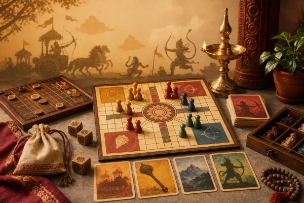 Mythology-inspired Indian board-game scene with respectful epic symbols, game cards, dice, diya light, and story-map atmosphere.