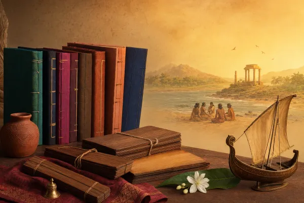 Palm-leaf books and manuscript bundles in an ancient Tamil coastal setting for a beginner list of Sangam literature collections.