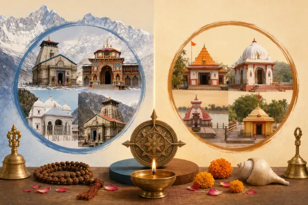 Comparison-style pilgrimage scene for understanding Char Dham and Chota Char Dham.