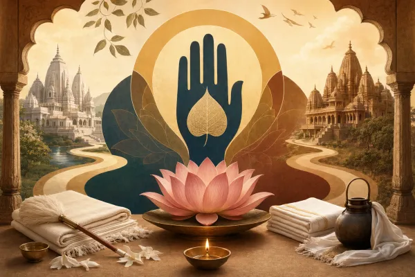 Symbolic Jain comparison scene with paired temple elements, white cloth, ascetic objects, lotus, and ahimsa-inspired devotional motif.