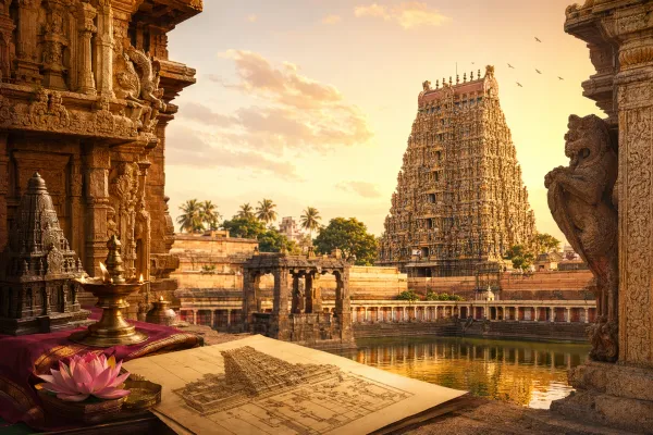 Illustration of Dravidian temple architecture with a South Indian gopuram, carved pillars, temple tank, lamp and plan drawings.