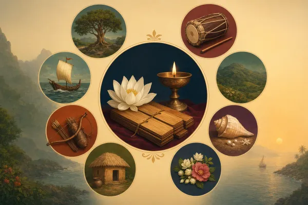 Eight palm-leaf manuscript bundles arranged as a Sangam anthology concept with Tamil literary heritage atmosphere.
