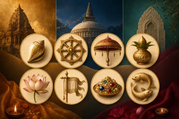 Set of symbolic auspicious objects arranged respectfully to suggest Indian religious traditions without claiming one universal list.