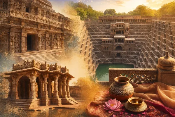 AI editorial illustration of a famous Indian stepwell with layered stone stairs, carved pavilions, water, and heritage architecture.