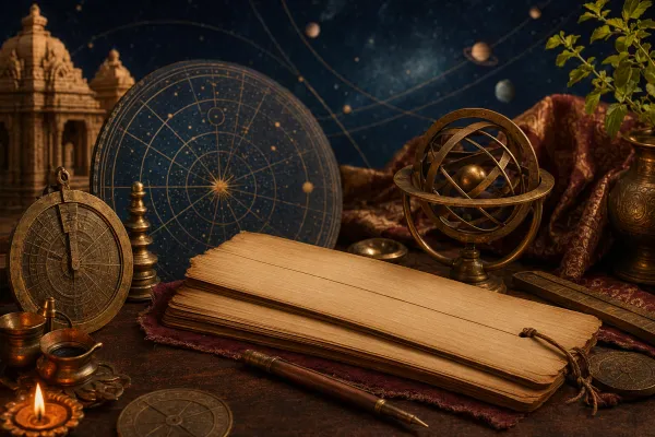 Editorial illustration for Who Is Called the Father of Indian Astronomy? Aryabhata and Other Contributors: an Indian knowledge-history editorial still life with blank palm leaves, ge...
