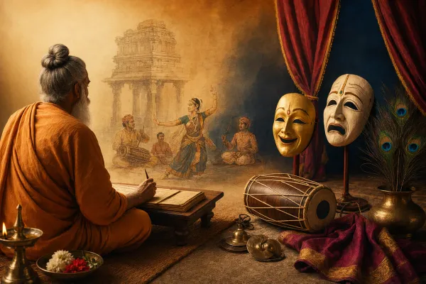 Illustration of an Indian theatre scene with a sage-like writer, classical performer, stage masks, musicians and a temple-inspired backdrop.