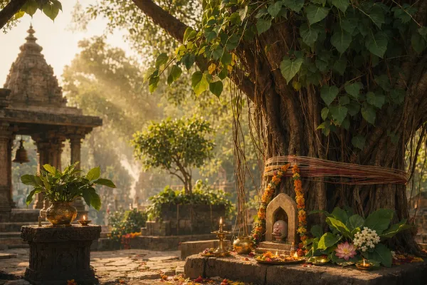 Sacred tree beside an Indian temple shrine with lamps, flowers, and ritual thread for a guide to five holy trees.