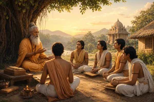 Guru teaching students in a traditional gurukul setting, symbolising oral learning and the ancient guru-shishya tradition in India.