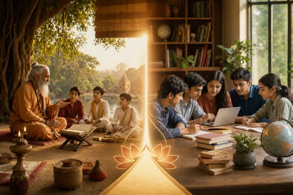 Split scene of a traditional guru teaching students beside a modern classroom, symbolising guru-shishya learning and modern education.
