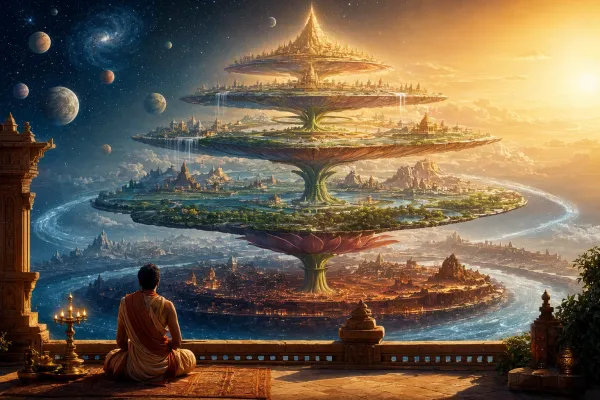 Symbolic Hindu cosmology map showing layered lokas, a Mount Meru-like axis, cosmic tiers and celestial realms.