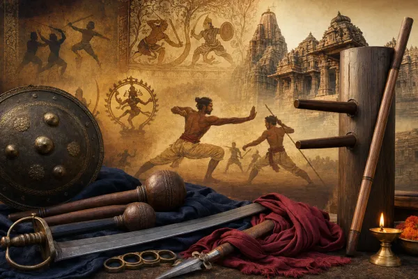 Historical Indian martial arts scene with mural-like warriors, training weapons, and heritage atmosphere for a timeline guide.